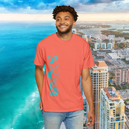 Miami Beach Graphic T-Shirt — Orange Garment-Dyed Tee with Green Vertical Palm Design