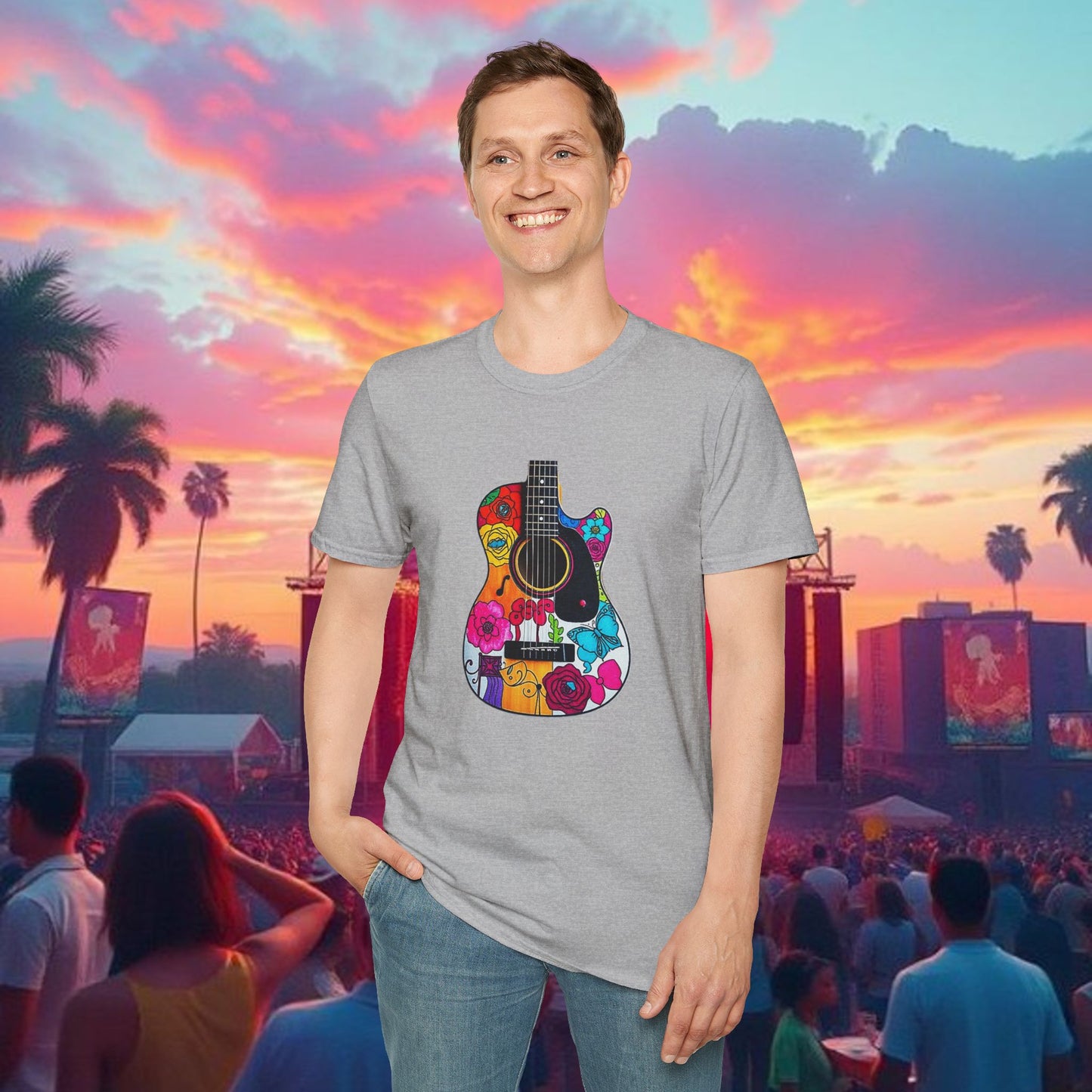 Colorful Acoustic Guitar T-Shirt, Music Lover's Tee, Festival Wear, Gift for Musicians, Vibrant Graphic Shirt
