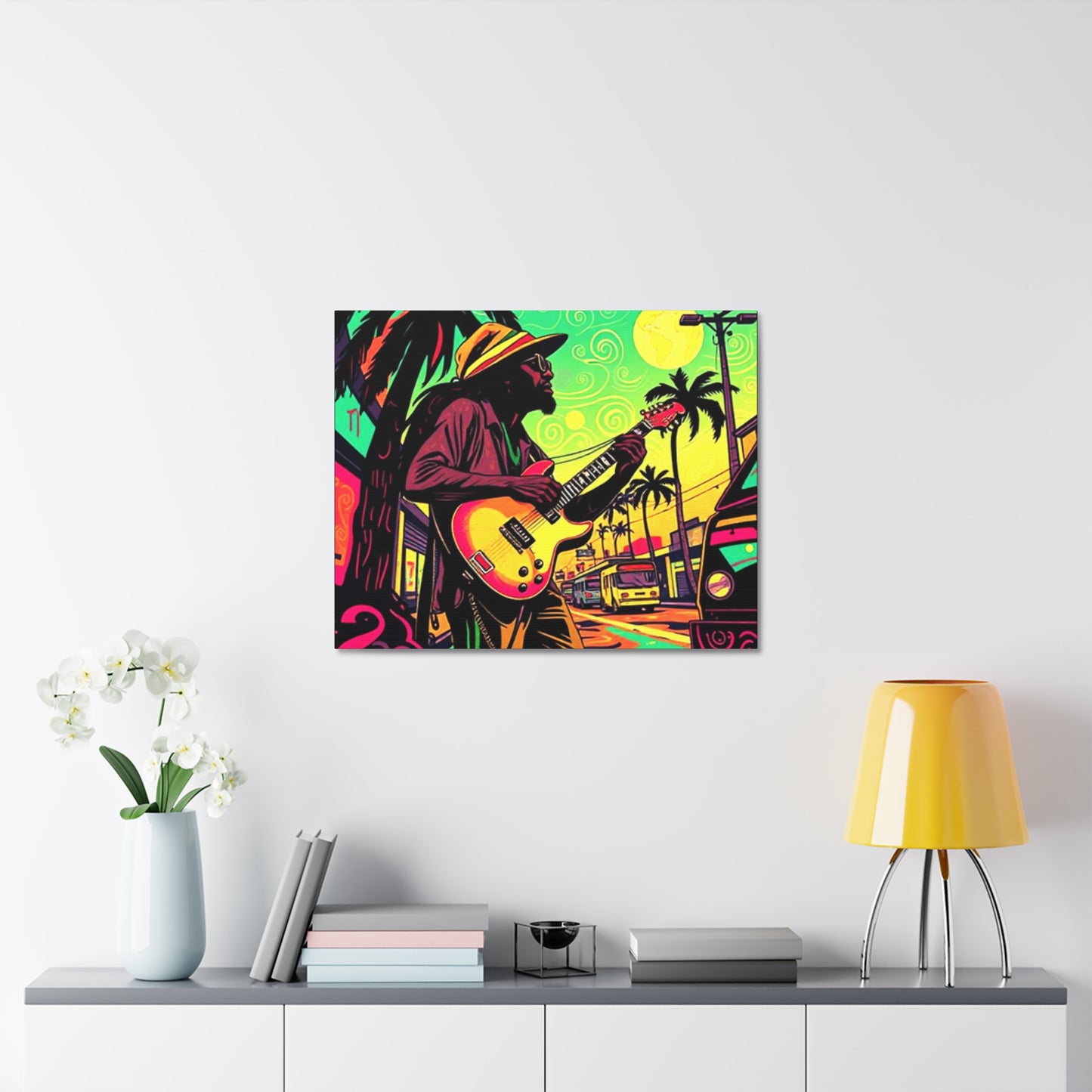 Vibrant Musician Canvas Art | Retro Guitarist Wall Decor, Bohemian Home Decor, Music Lover Gift, Colorful Art Print, Festival Aesthetic