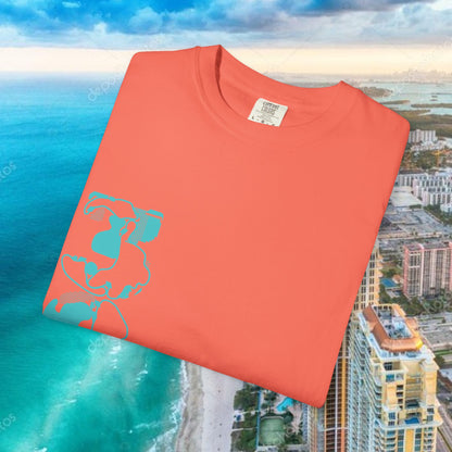 Miami Beach Graphic T-Shirt — Orange Garment-Dyed Tee with Green Vertical Palm Design