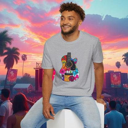 Colorful Acoustic Guitar T-Shirt, Music Lover's Tee, Festival Wear, Gift for Musicians, Vibrant Graphic Shirt