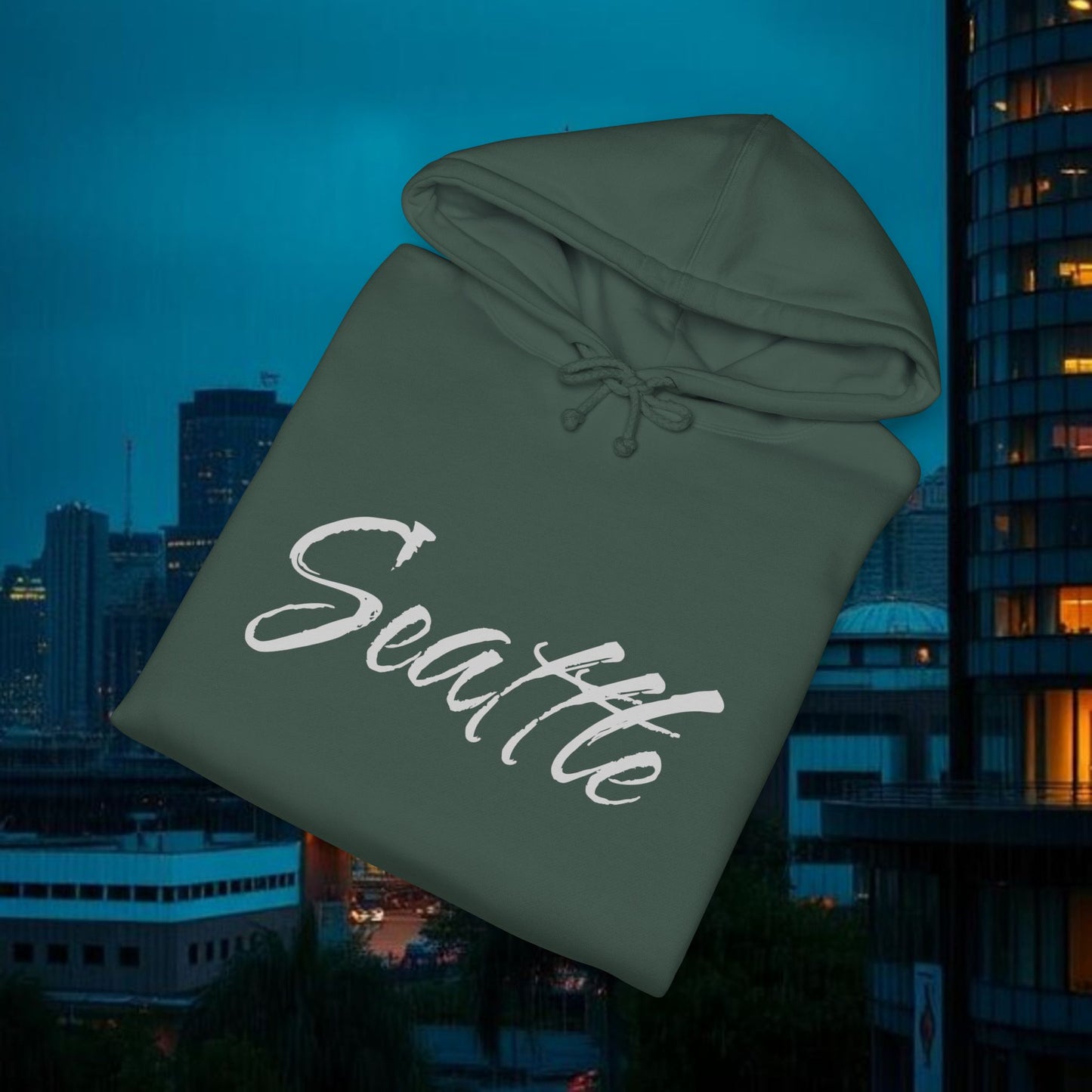 Seattle Script Hoodie — Minimalist City Sweatshirt with 206 Sleeve
