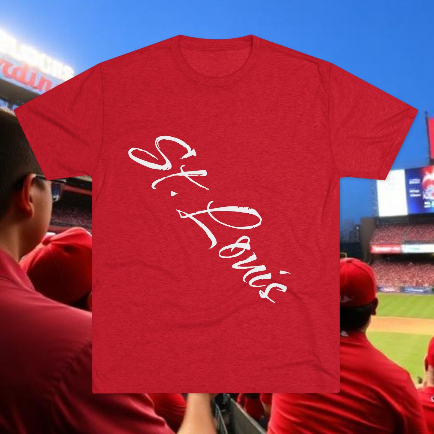 St. Louis Script Tee — Diagonal Red Script City Baseball and Hockey T‑Shirt