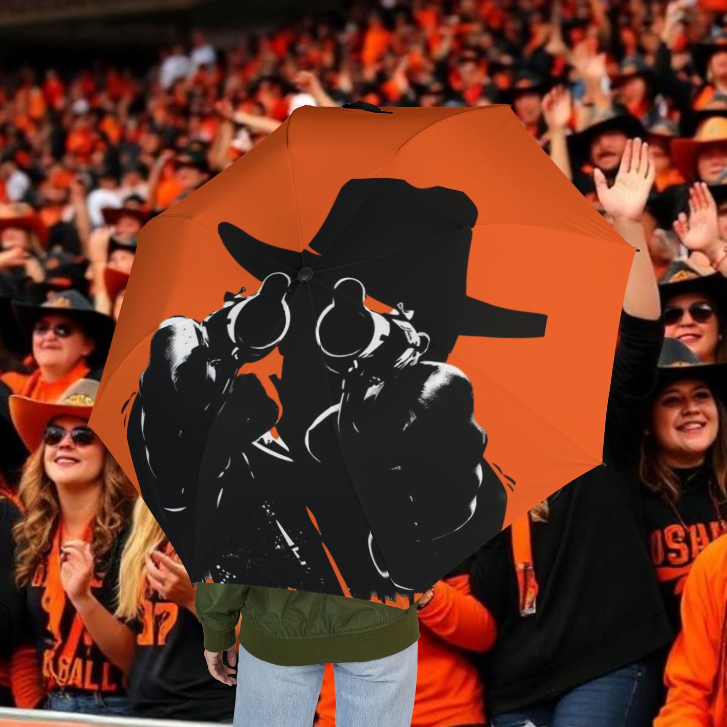 Cowboy Silhouette Foldable Umbrella — Orange Semi-Automatic Travel Umbrella