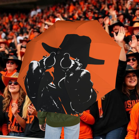 Cowboy Silhouette Foldable Umbrella — Orange Semi-Automatic Travel Umbrella