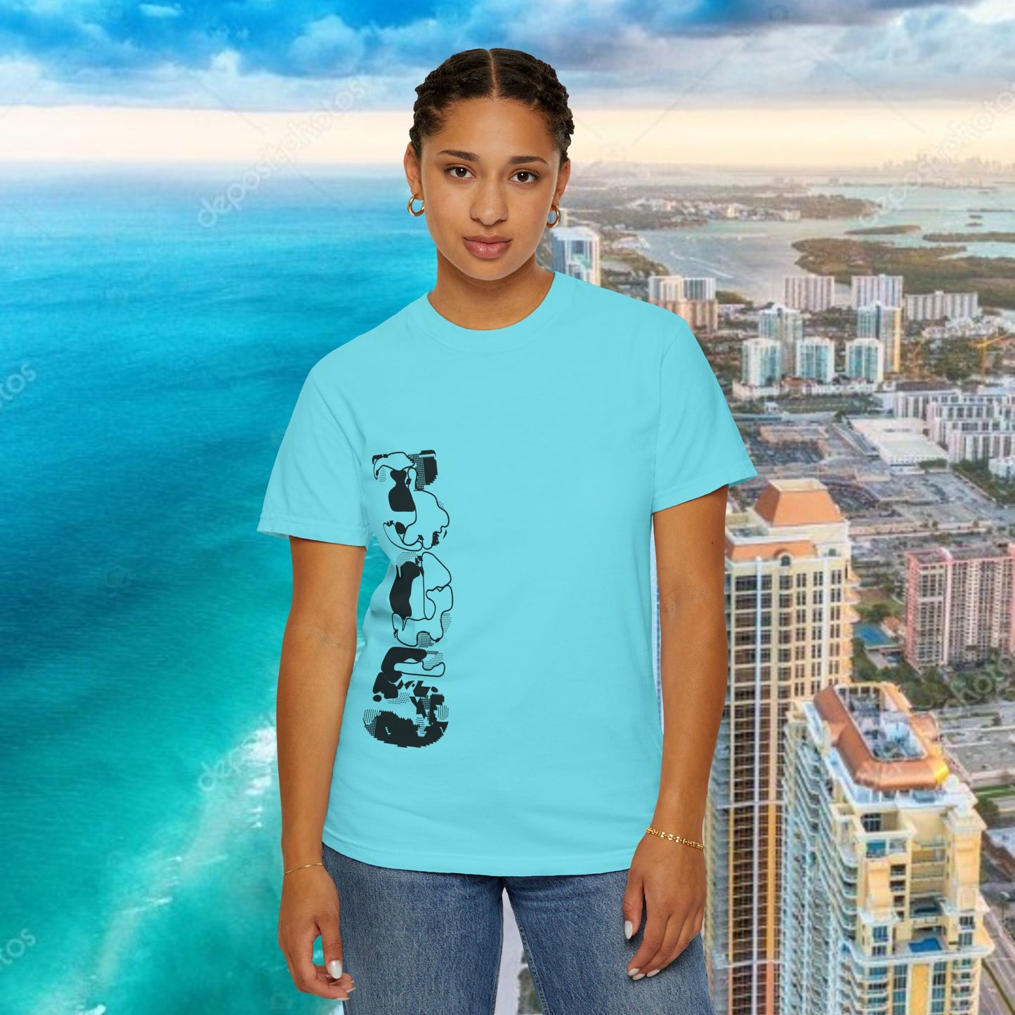 Miami Beach Graphic T-Shirt — Orange Garment-Dyed Tee with Green Vertical Palm Design