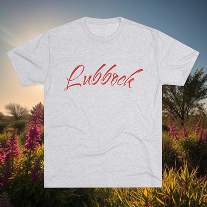 Lubbock Script Tee — Red Cowboy Skull Graphic Crew Shirt, Tri-Blend, Super Soft T-Shirt, Perfect for Gameday