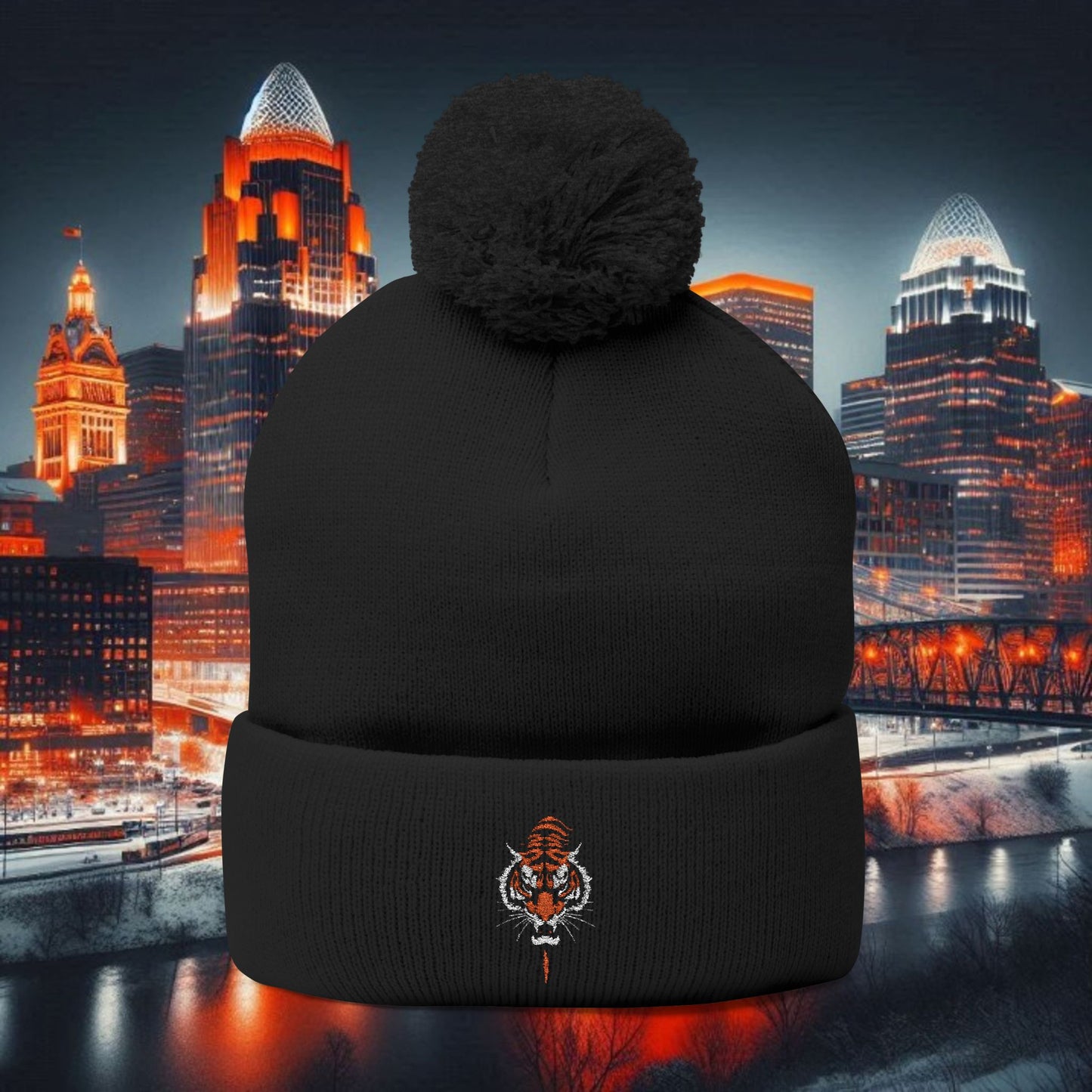 Bengal Tiger Pom-Pom Knit Cap - Cozy Winter Hat, Embroidered Beanie for Sports Fans, Gift for Holidays, Fashion Accessory, Cold Weather Gear