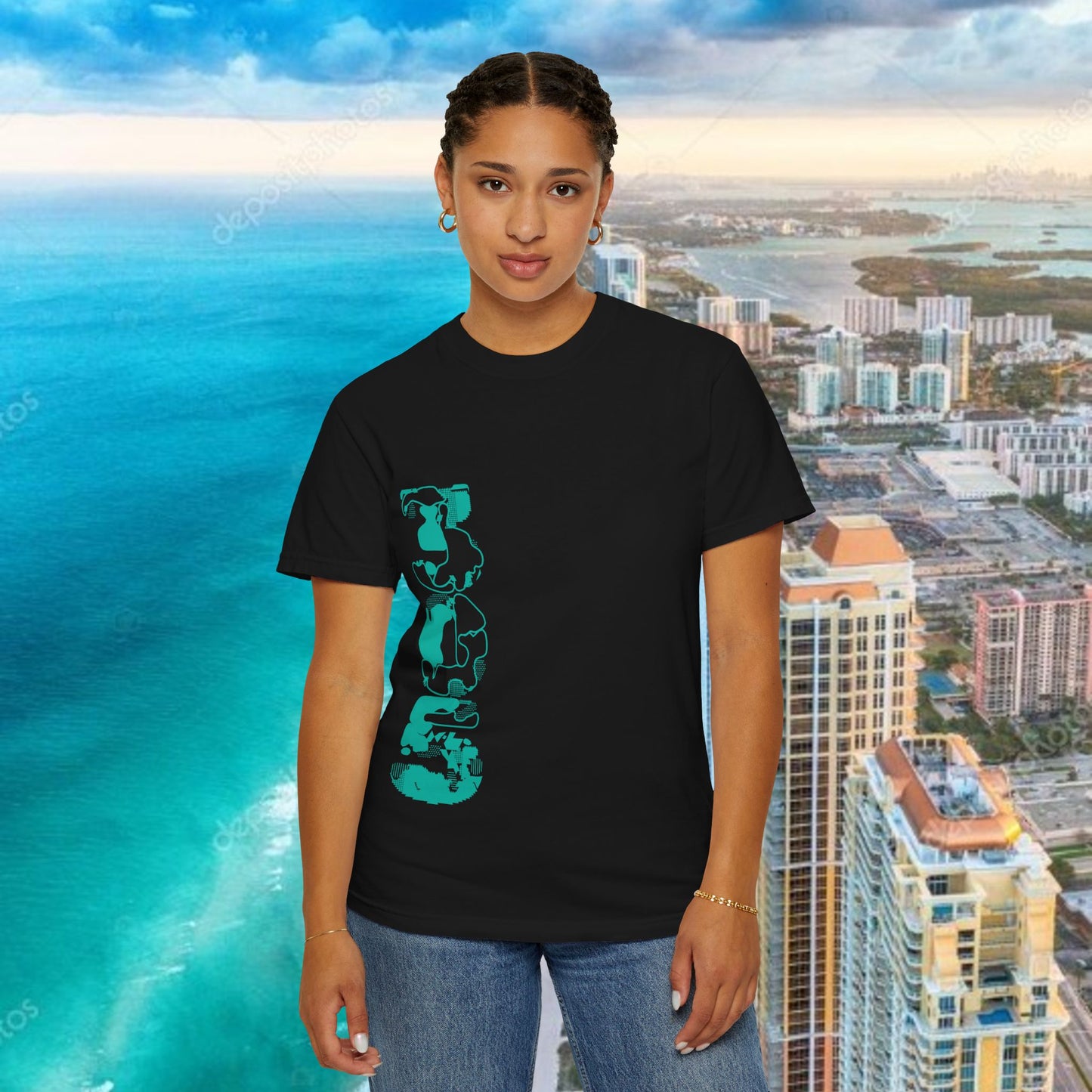 Miami Beach Graphic T-Shirt — Orange Garment-Dyed Tee with Green Vertical Palm Design