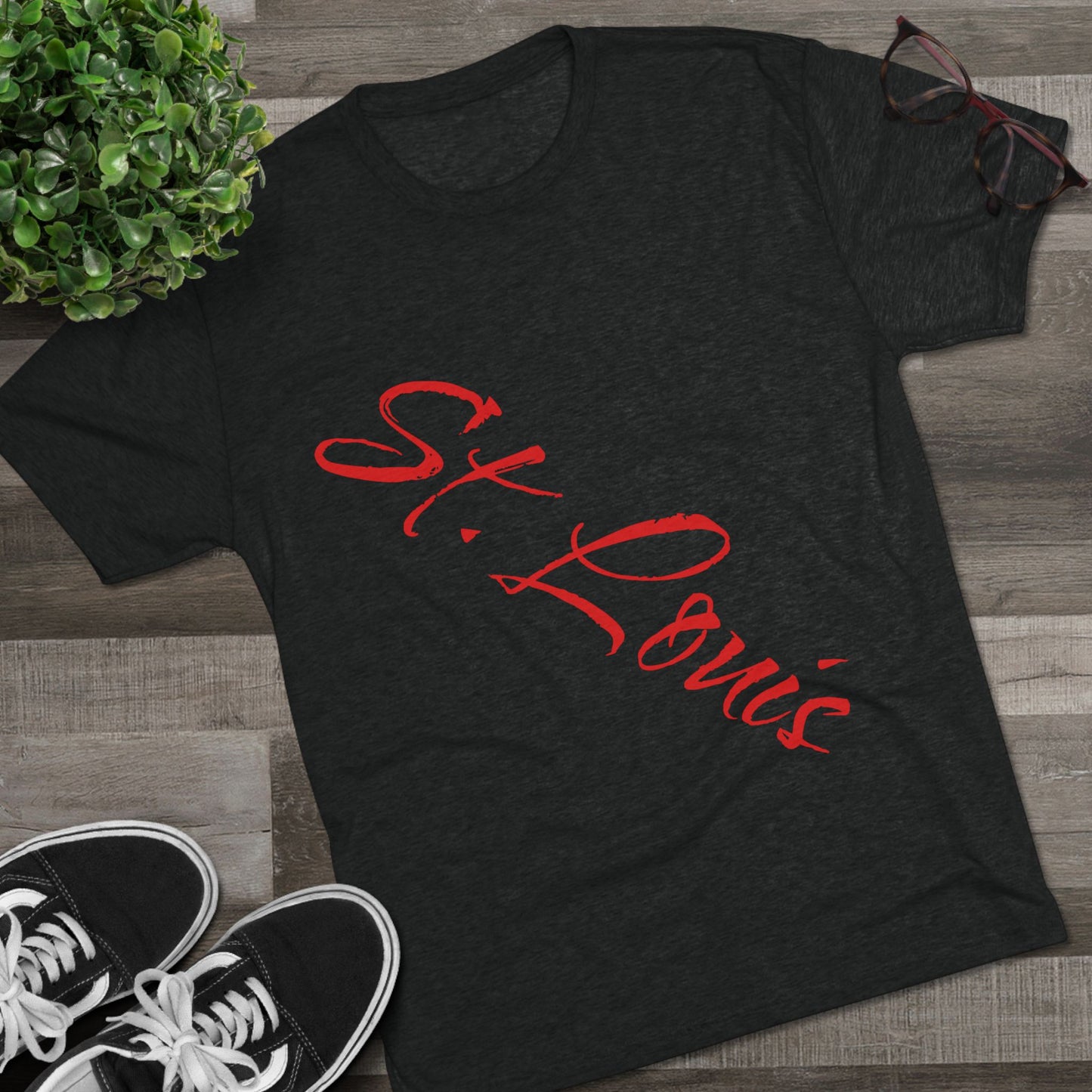 St. Louis Script Tee — Diagonal Red Script City Baseball and Hockey T‑Shirt