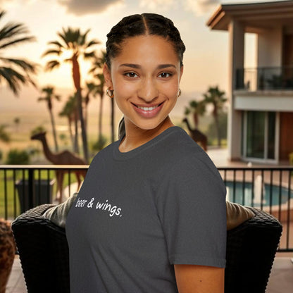 Beer & Wings Unisex Softstyle T-Shirt, Casual Gift for BBQ Lovers, Fun Drink Shirt, Summer Party Apparel, Unique Gift for Foodies