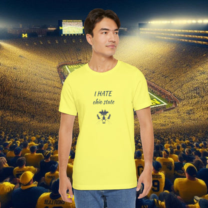 I Hate Ohio State Tee, Unisex Jersey Short Sleeve Tee, Game Day Shirt, College Sports Apparel, Football Fan Gift, Yellow Tee