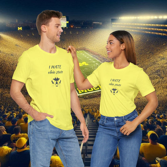 I Hate Ohio State Tee, Unisex Jersey Short Sleeve Tee, Game Day Shirt, College Sports Apparel, Football Fan Gift, Yellow Tee