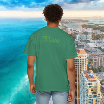 Miami Beach Graphic T-Shirt — Orange Garment-Dyed Tee with Green Vertical Palm Design