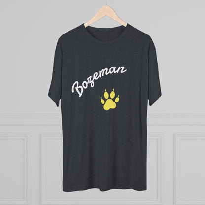 Bozeman Paw Script T‑Shirt — Mountain Town Tee with Gold Paw Print, Tri-Blend Soft Style T-Shirt