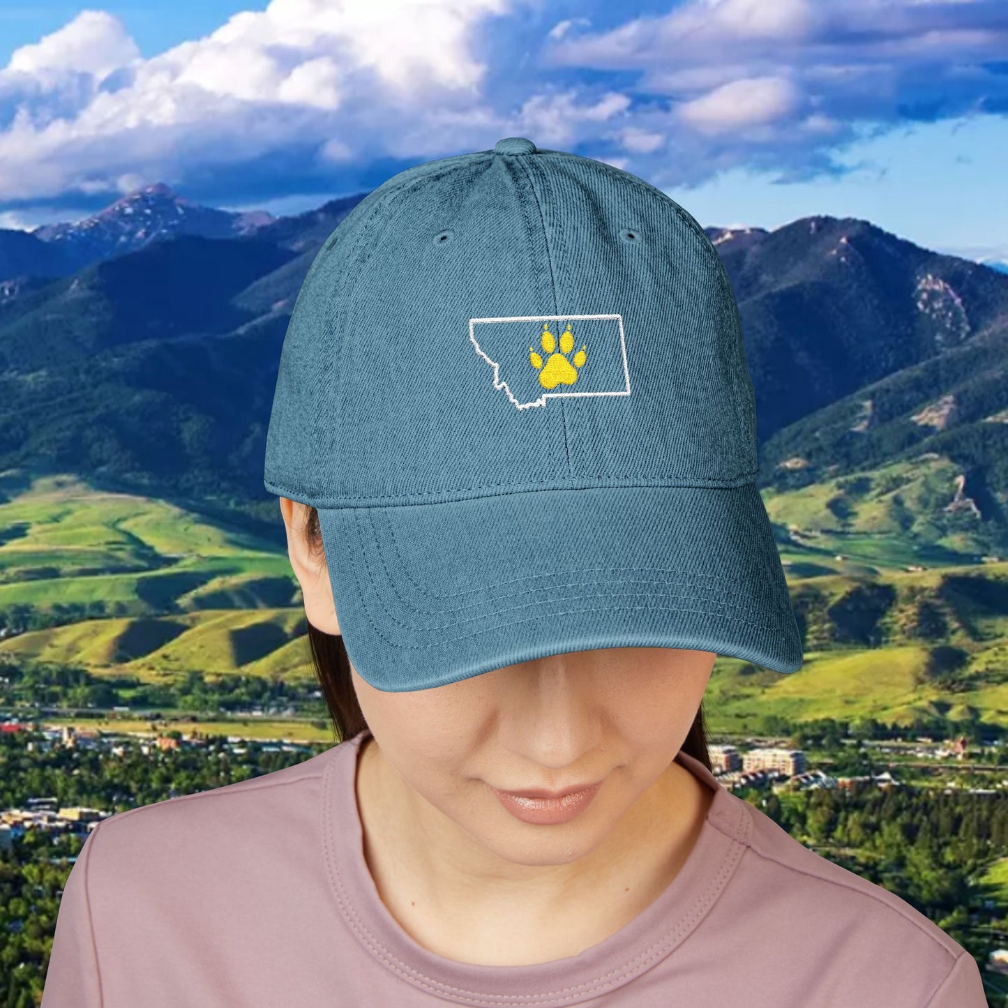 Montana Paw Print Denim Hat, Embroidered Hat, Casual Wear, Gift for Bobcat Fans, Outdoor Adventure Cap, Summer Accessories