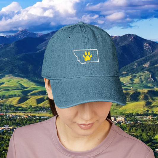 Montana Paw Print Denim Hat, Embroidered Hat, Casual Wear, Gift for Bobcat Fans, Outdoor Adventure Cap, Summer Accessories