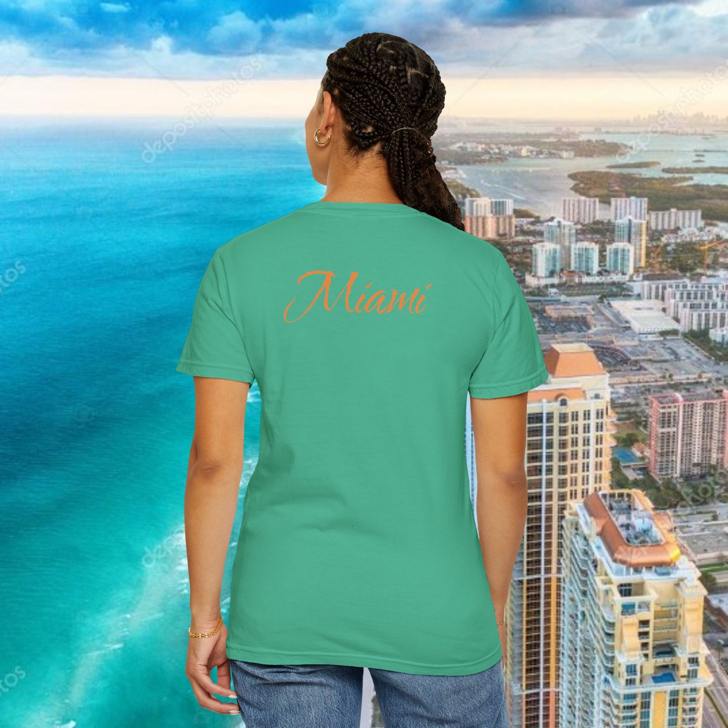 Miami Beach Graphic T-Shirt — Orange Garment-Dyed Tee with Green Vertical Palm Design
