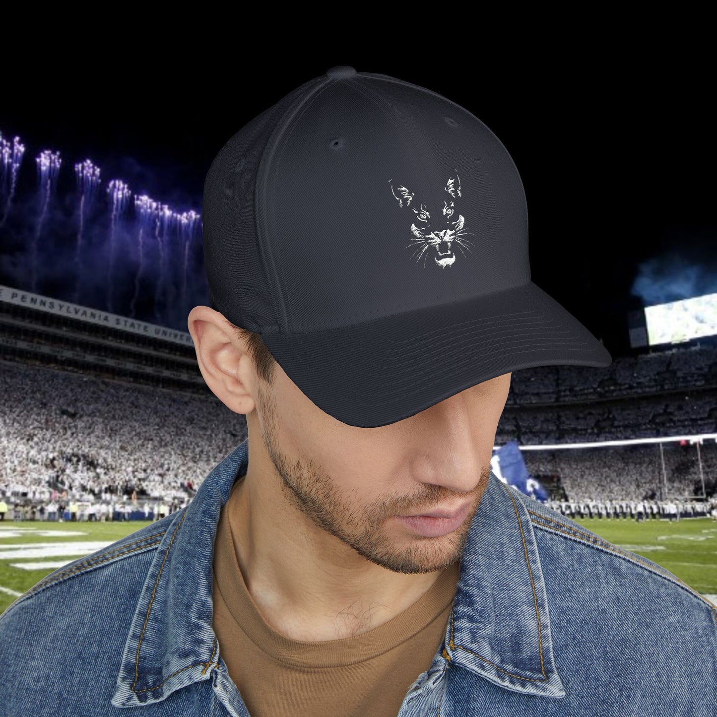 Fierce Silhouette Embroidered Hat - Stylish Closed-Back Structured Cap for Football Fans, Gameday, Tailgate, Unique Accessory