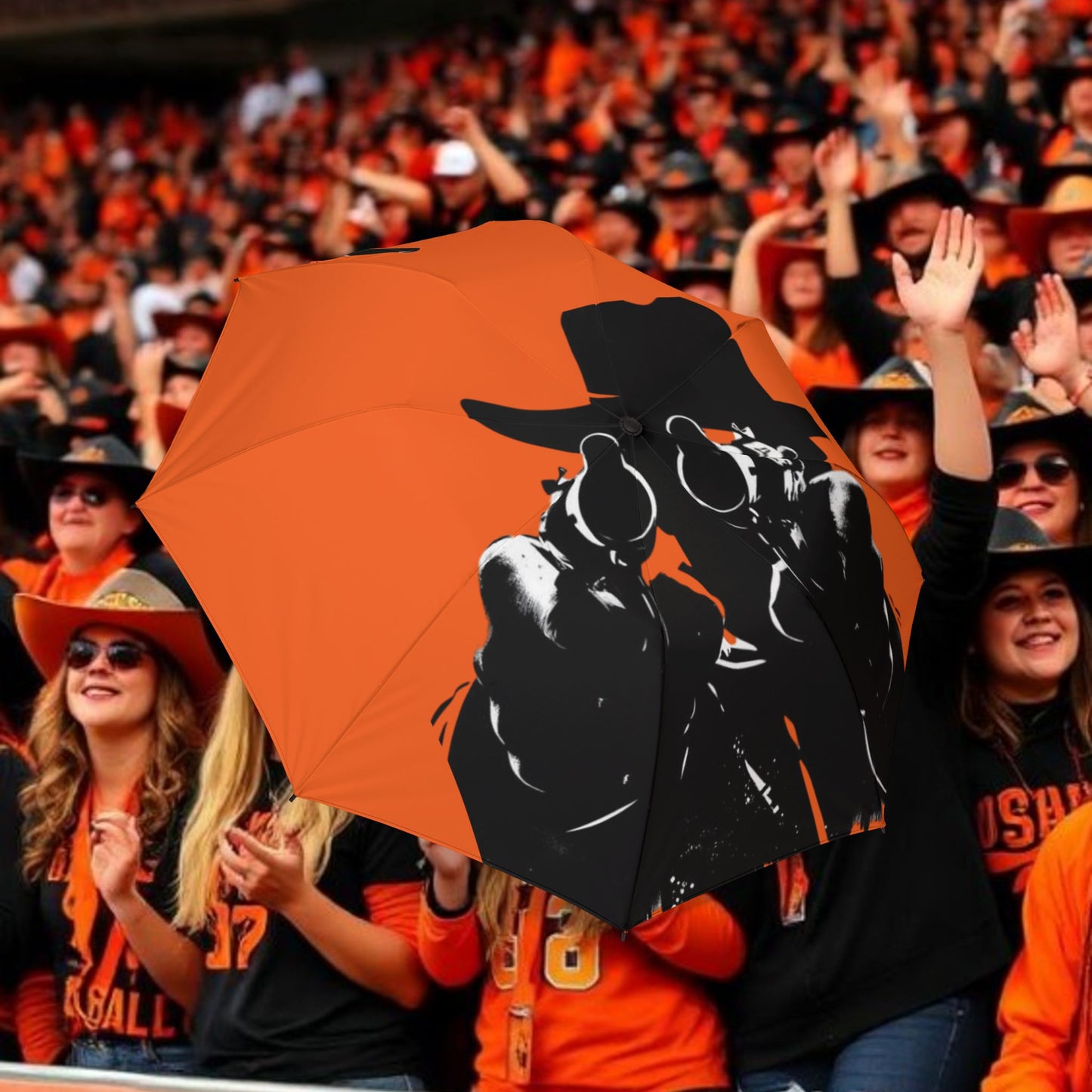 Cowboy Silhouette Foldable Umbrella — Orange Semi-Automatic Travel Umbrella