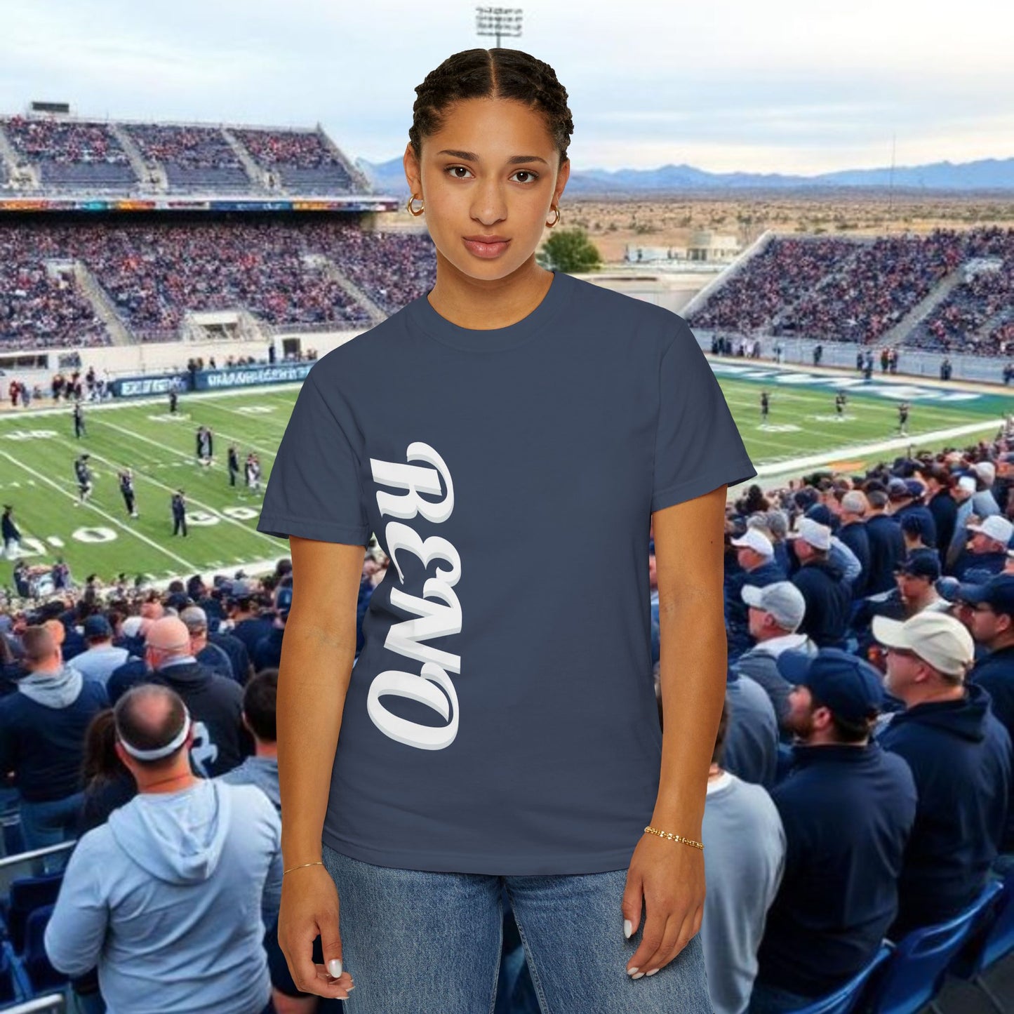 Reno Tee, Vertical Reno Logo and Subtle Wolf Graphic, Soft Style Shirt, Perfect style for Gameday