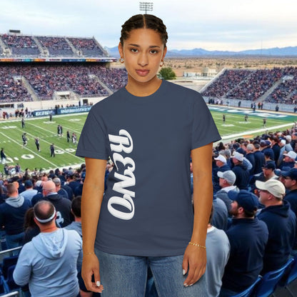 Reno Tee, Vertical Reno Logo and Subtle Wolf Graphic, Soft Style Shirt, Perfect style for Gameday