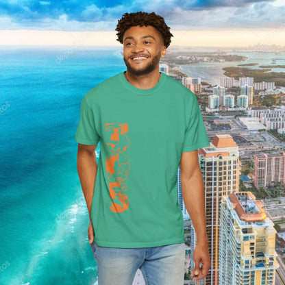 Miami Beach Graphic T-Shirt — Orange Garment-Dyed Tee with Green Vertical Palm Design