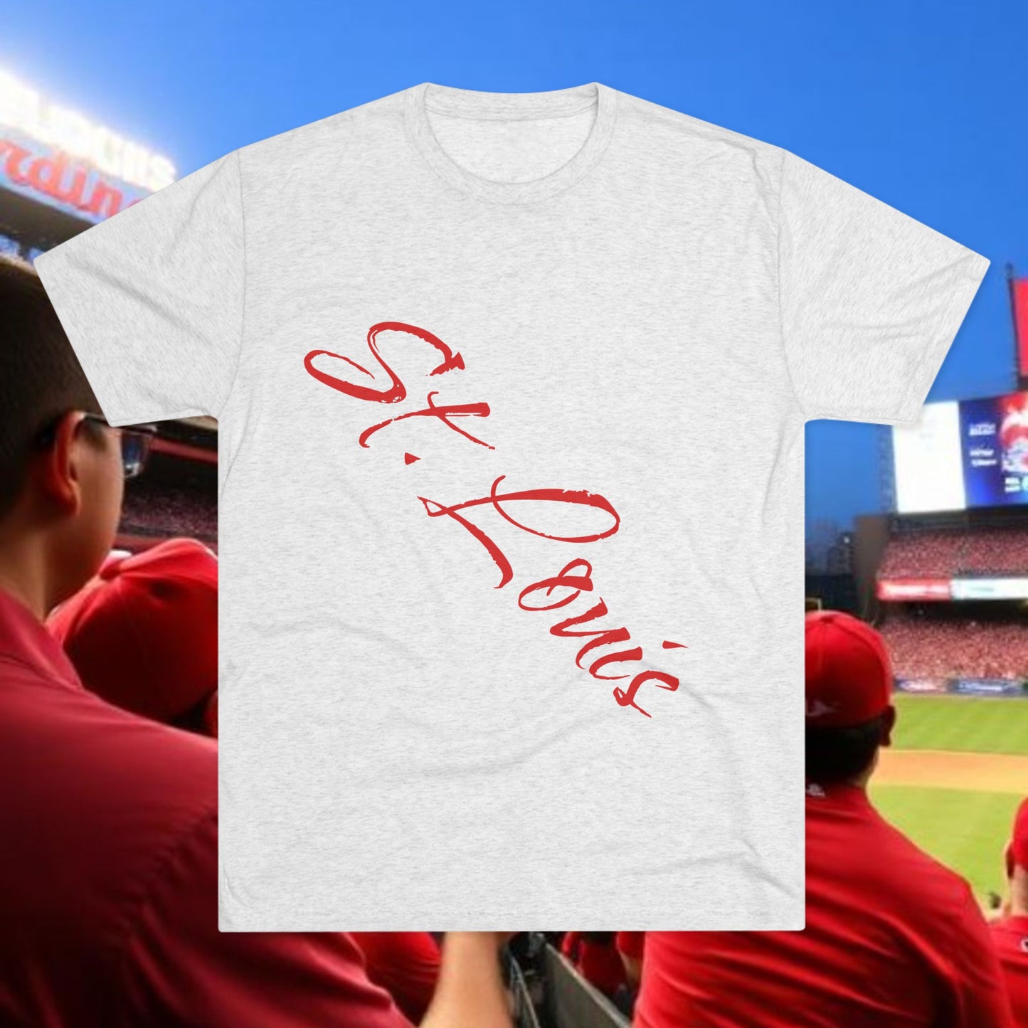 St. Louis Script Tee — Diagonal Red Script City Baseball and Hockey T‑Shirt
