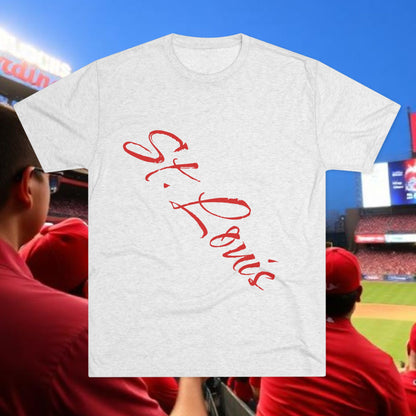 St. Louis Script Tee — Diagonal Red Script City Baseball and Hockey T‑Shirt