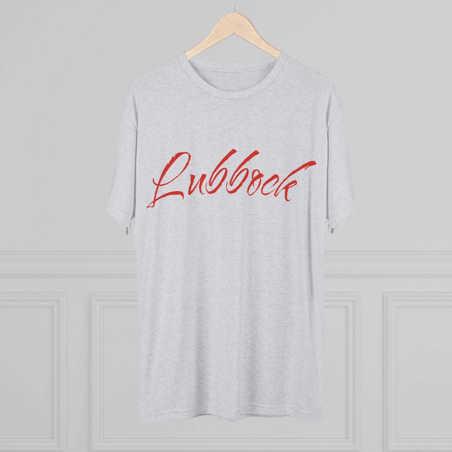 Lubbock Script Tee — Red Cowboy Skull Graphic Crew Shirt, Tri-Blend, Super Soft T-Shirt, Perfect for Gameday
