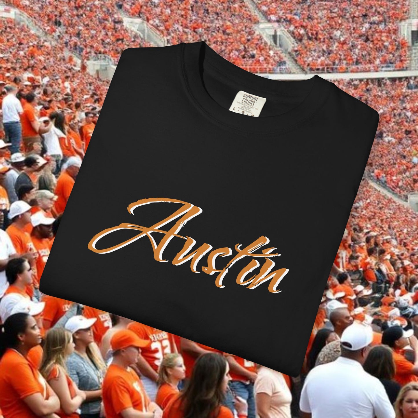 Austin Fan T-Shirt, Soft-style, front and back graphic. Stylish and fashionable tailgate attire.