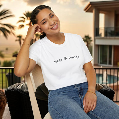 Beer & Wings Unisex Softstyle T-Shirt, Casual Gift for BBQ Lovers, Fun Drink Shirt, Summer Party Apparel, Unique Gift for Foodies