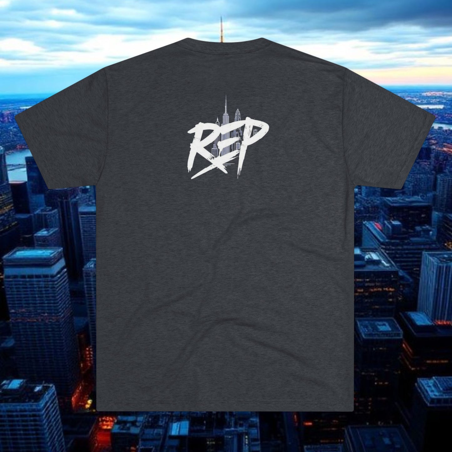 NYC Script Tee — 'REP' Skyline Back Graphic, Tri-Blend Soft T-Shirt