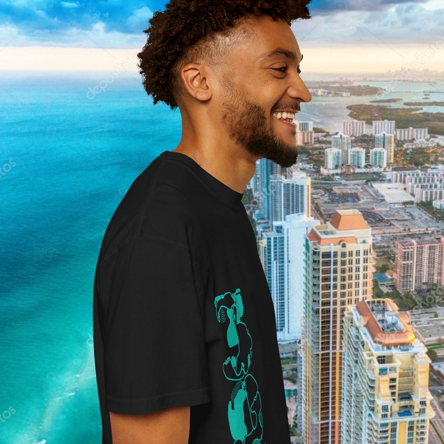 Miami Beach Graphic T-Shirt — Orange Garment-Dyed Tee with Green Vertical Palm Design