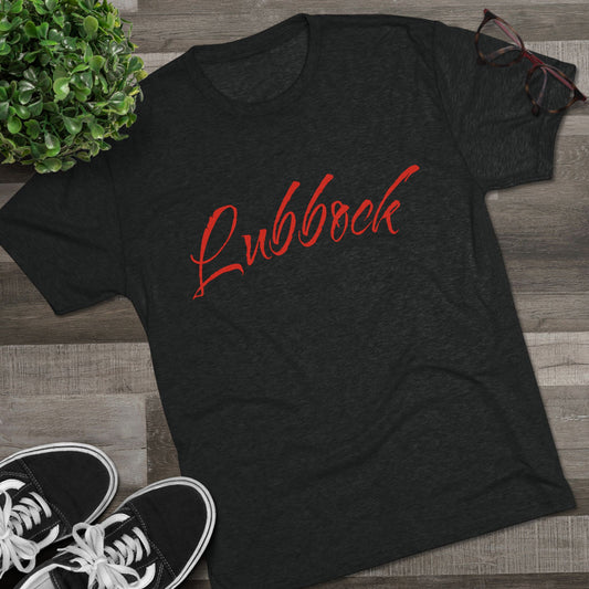 Lubbock Script Tee — Red Cowboy Skull Graphic Crew Shirt, Tri-Blend, Super Soft T-Shirt, Perfect for Gameday