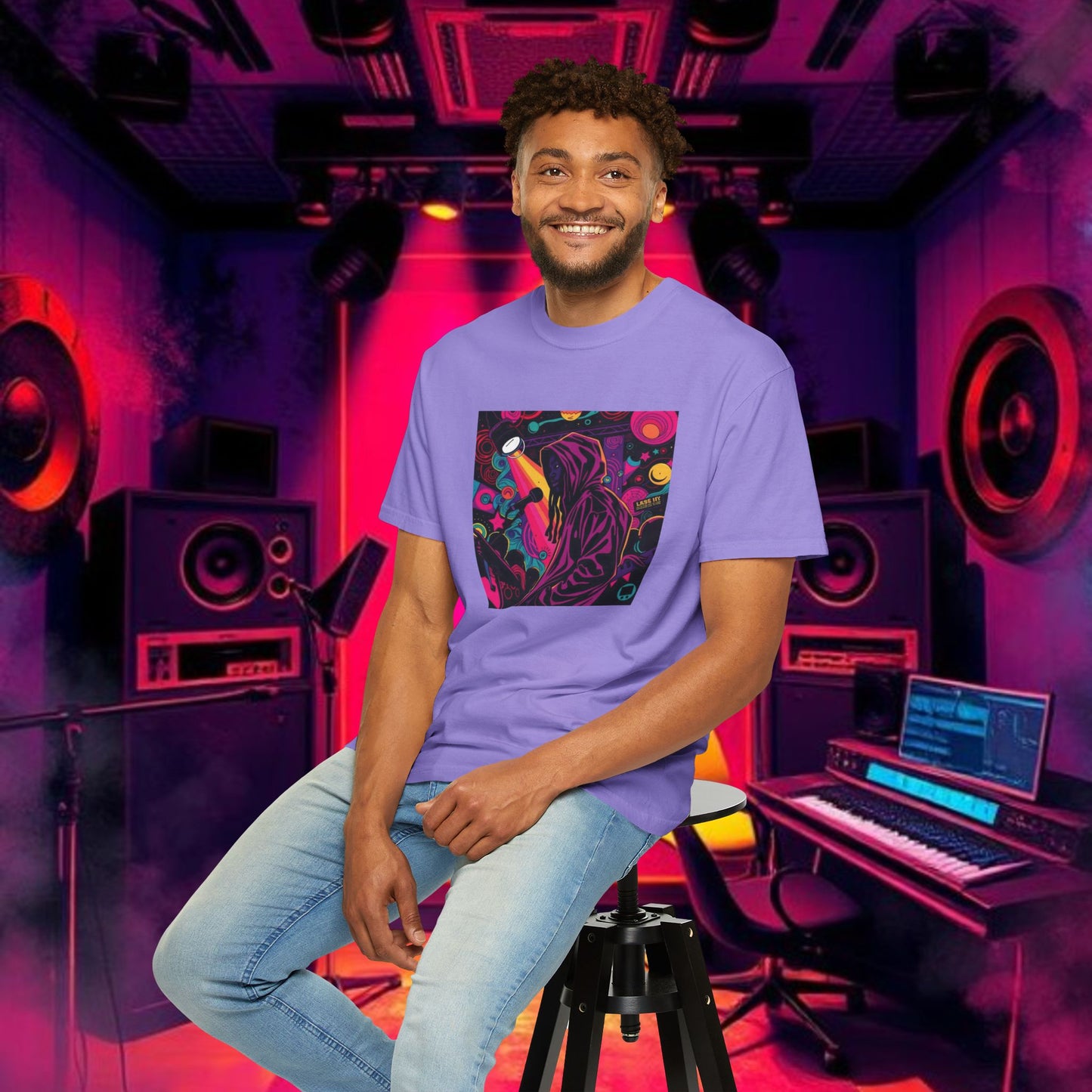 Colorful Unisex Garment-Dyed T-shirt, Artistic Graphic Tee, Music Festival Shirt, Casual Everyday Wear, Vibrant Streetwear, Unique Gift Idea