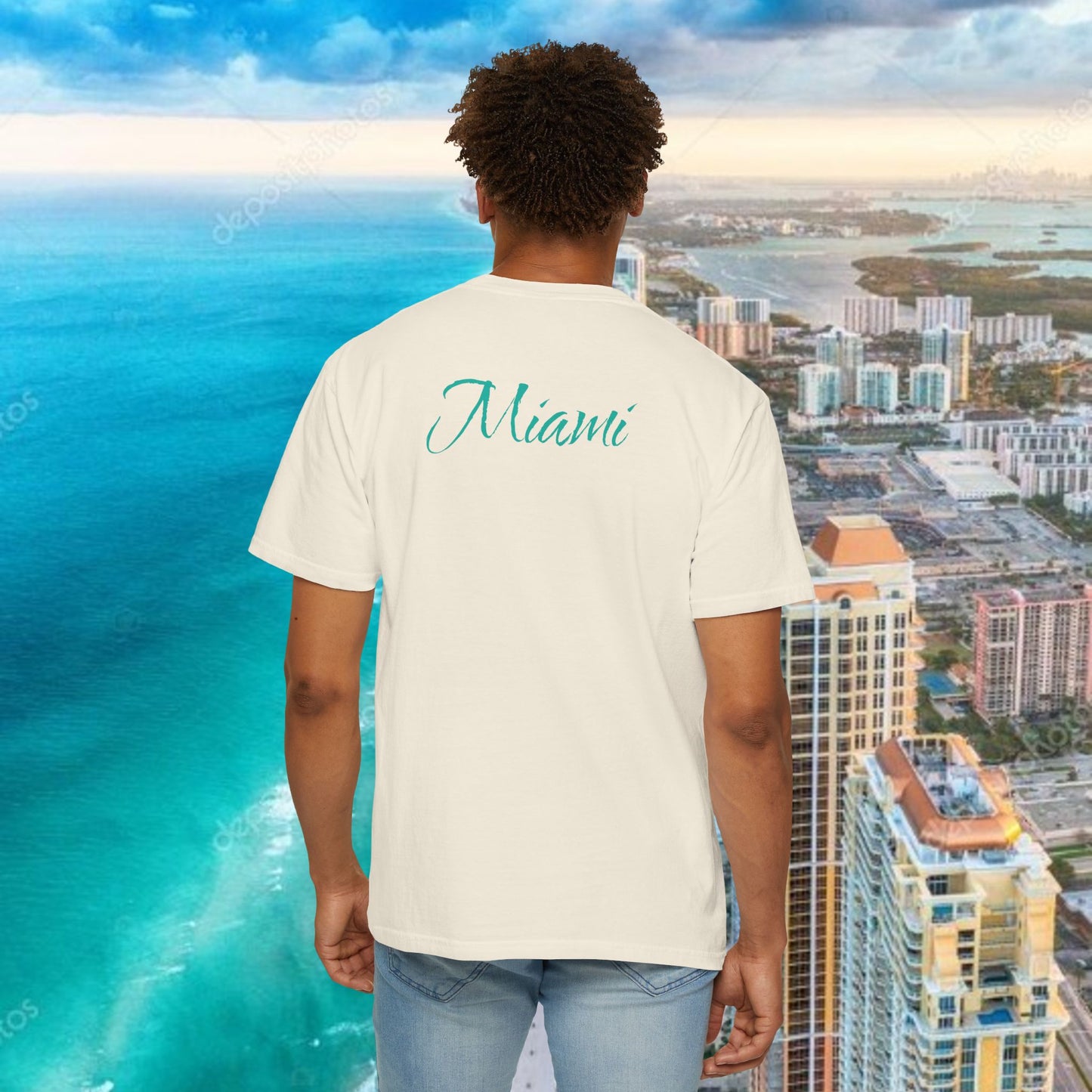 Miami Beach Graphic T-Shirt — Orange Garment-Dyed Tee with Green Vertical Palm Design