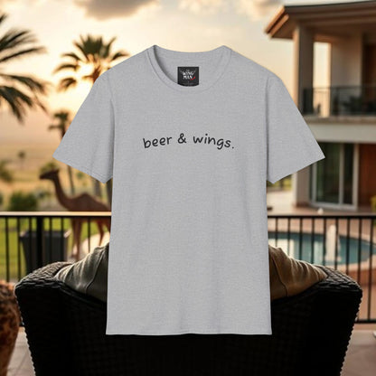 Beer & Wings Unisex Softstyle T-Shirt, Casual Gift for BBQ Lovers, Fun Drink Shirt, Summer Party Apparel, Unique Gift for Foodies
