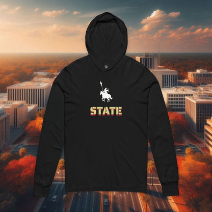 Unisex Hooded Long Sleeve Tee with STATE Design, Casual Wear, College Apparel, Sports Fan Gear, Gift for Football Fans