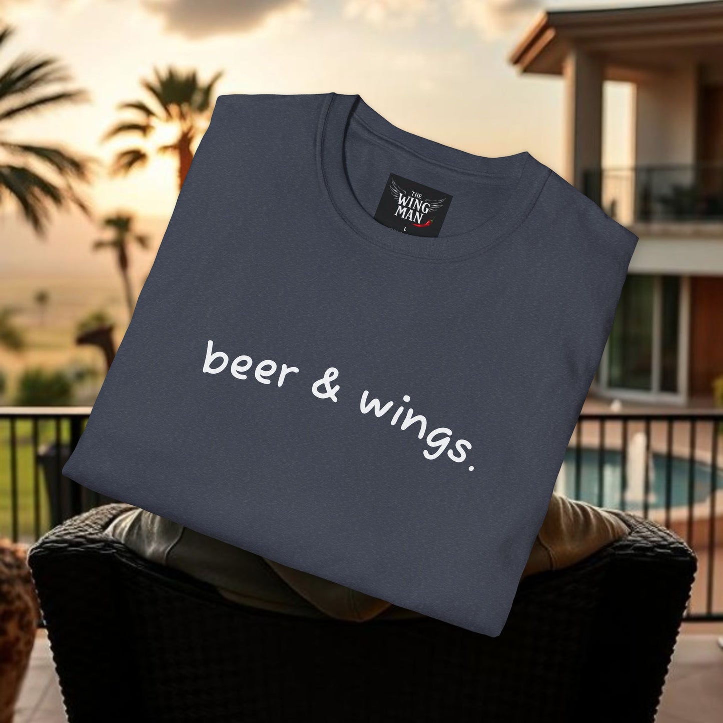 Beer & Wings Unisex Softstyle T-Shirt, Casual Gift for BBQ Lovers, Fun Drink Shirt, Summer Party Apparel, Unique Gift for Foodies