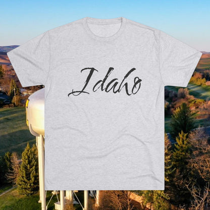 Idaho Script T‑Shirt — State Pride Tee, Tri-Blend Soft Style, Perfect for Class or Gameday.