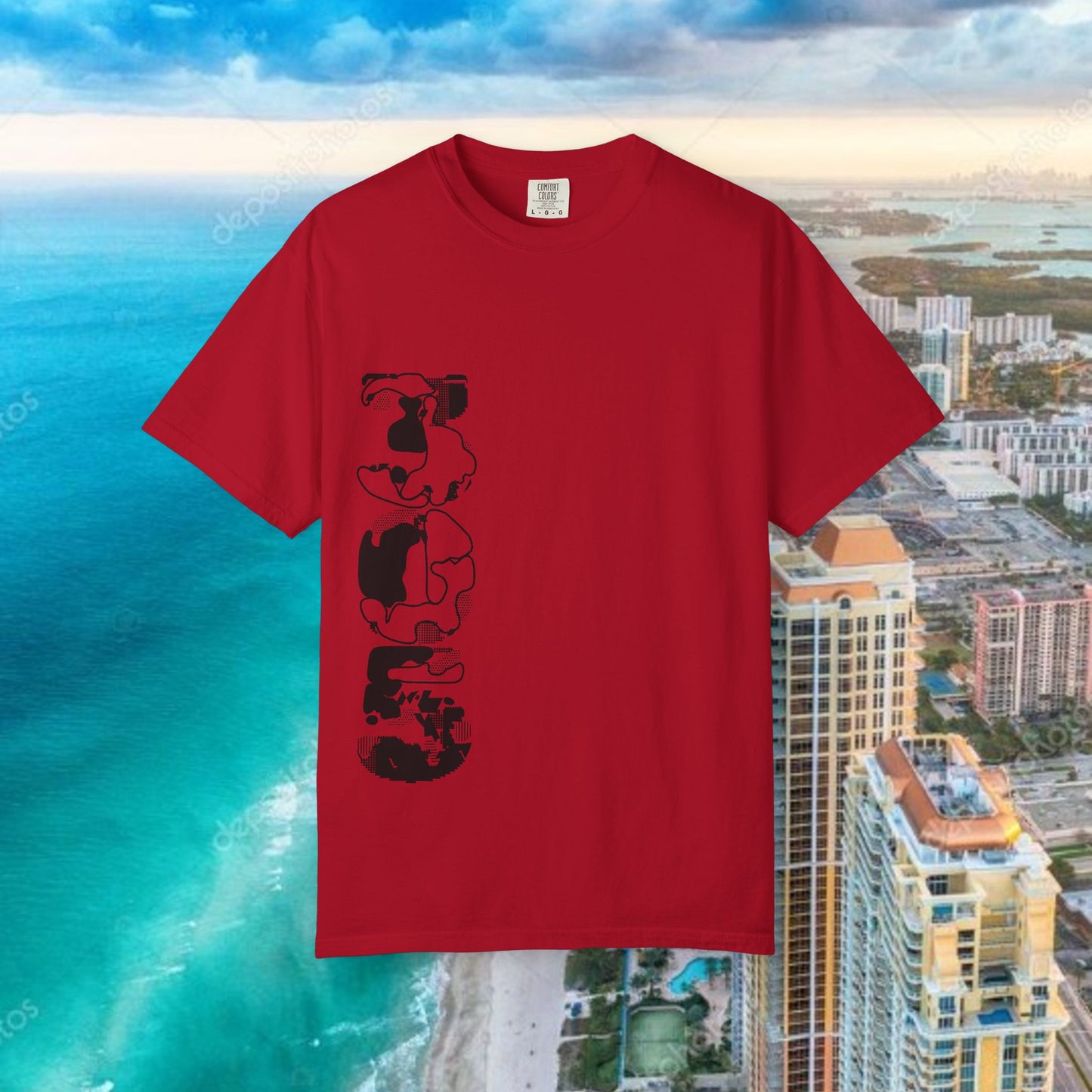 Miami Beach Graphic T-Shirt — Orange Garment-Dyed Tee with Green Vertical Palm Design