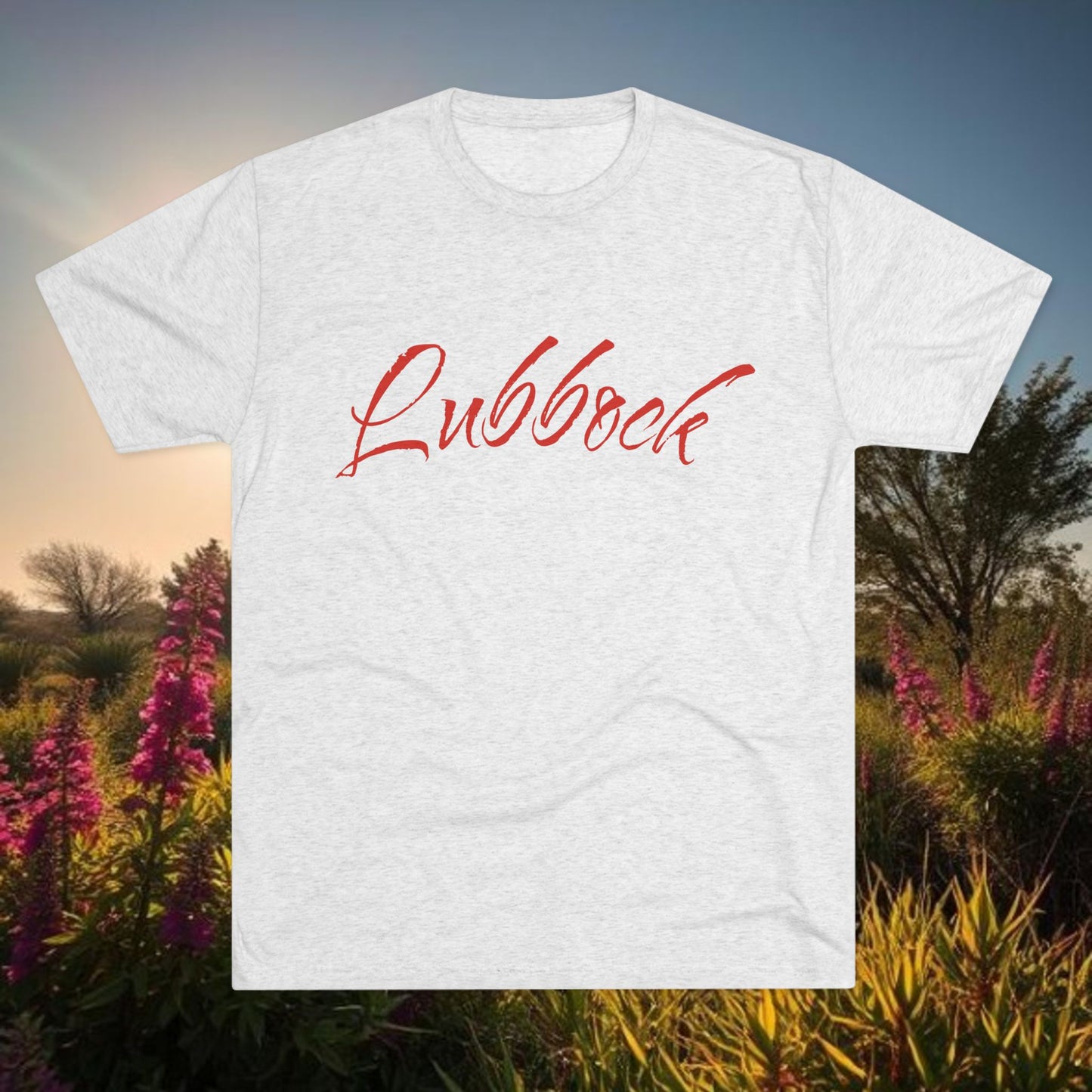 Lubbock Script Tee — Red Cowboy Skull Graphic Crew Shirt, Tri-Blend, Super Soft T-Shirt, Perfect for Gameday