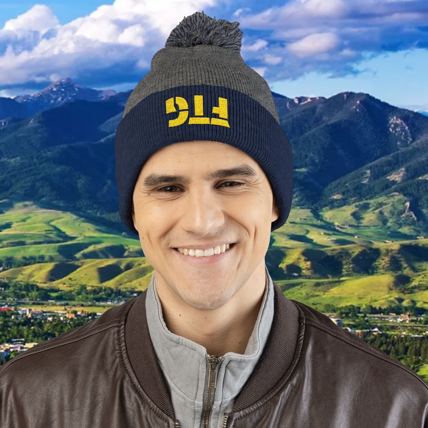 Upside Down FTG Cozy Pom-Pom Knit Cap, Winter Beanie, Embroidered Hat, Perfect Gift, Unisex, Cold Weather Accessory