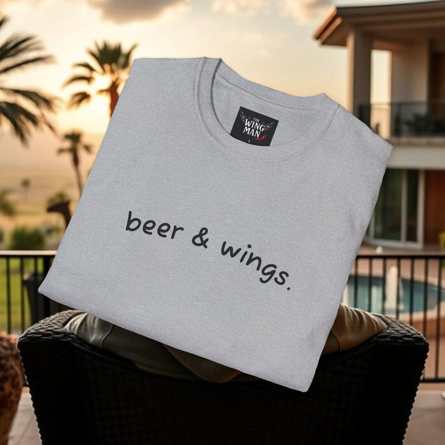 Beer & Wings Unisex Softstyle T-Shirt, Casual Gift for BBQ Lovers, Fun Drink Shirt, Summer Party Apparel, Unique Gift for Foodies