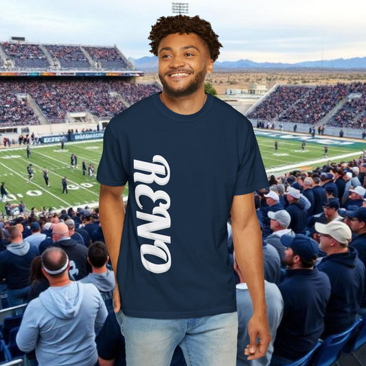 Reno Tee, Vertical Reno Logo and Subtle Wolf Graphic, Soft Style Shirt, Perfect style for Gameday