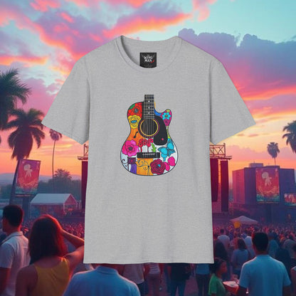 Colorful Acoustic Guitar T-Shirt, Music Lover's Tee, Festival Wear, Gift for Musicians, Vibrant Graphic Shirt
