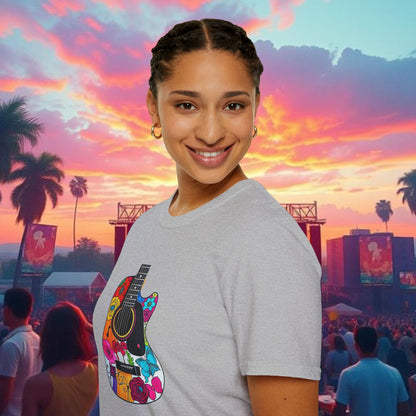 Colorful Acoustic Guitar T-Shirt, Music Lover's Tee, Festival Wear, Gift for Musicians, Vibrant Graphic Shirt