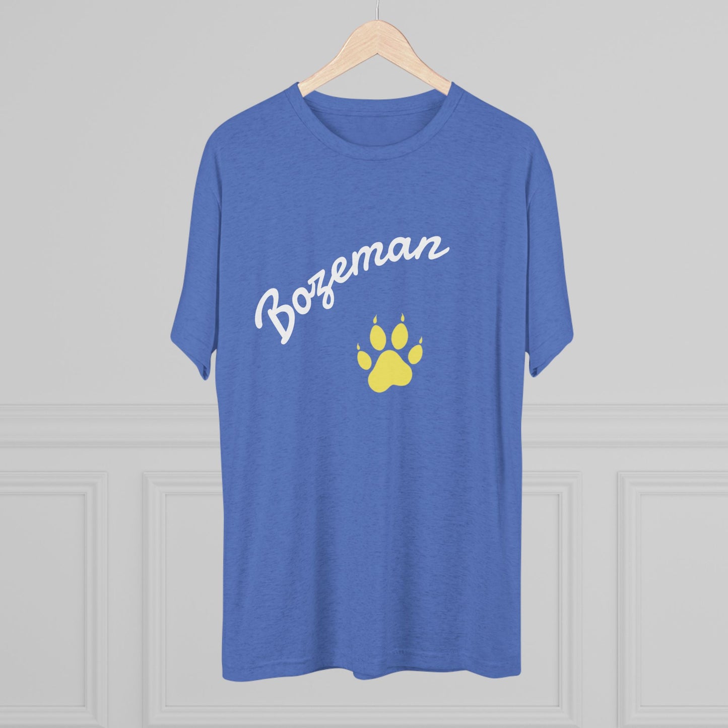 Bozeman Paw Script T‑Shirt — Mountain Town Tee with Gold Paw Print, Tri-Blend Soft Style T-Shirt