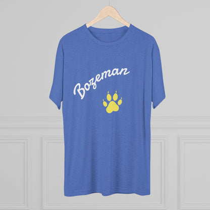 Bozeman Paw Script T‑Shirt — Mountain Town Tee with Gold Paw Print, Tri-Blend Soft Style T-Shirt